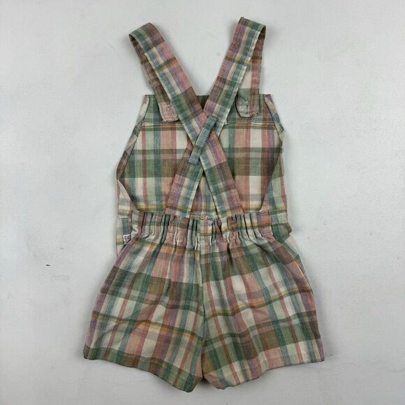 VTG Billy The Kid Shortalls Overalls Plaid Size 3 Unisex Green Tan Rose Pink - Picture 3 of 5